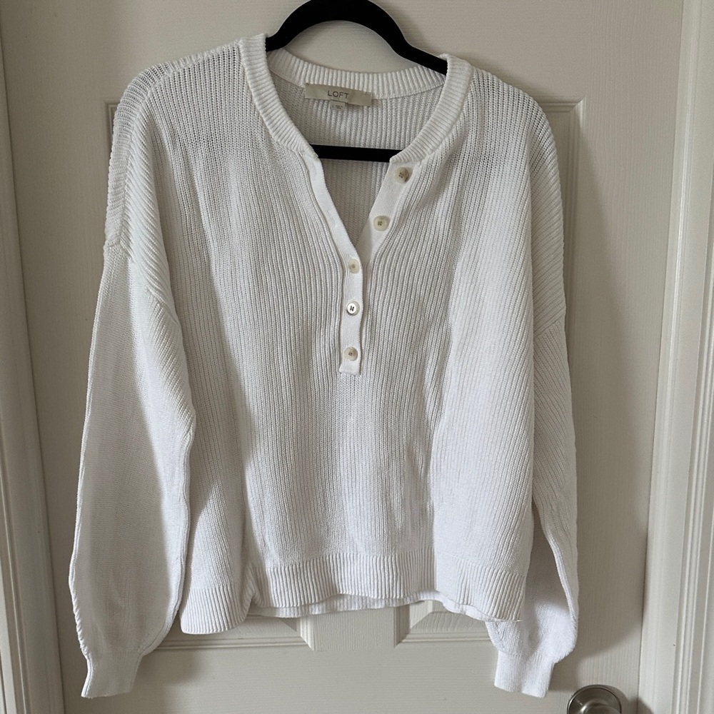 LOFT White Henley Button-Front Knit Pullover